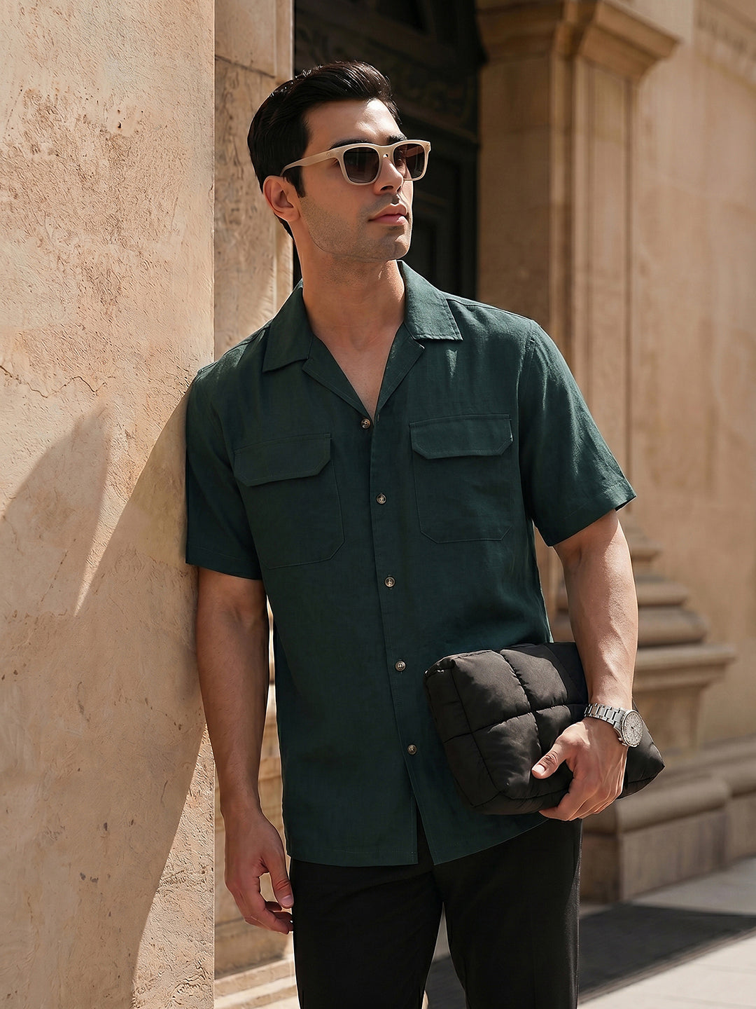 Thomas Scott Men Premium Olive Oversize Fit Short Sleeves Cuban Collar Textured Casual Shirt