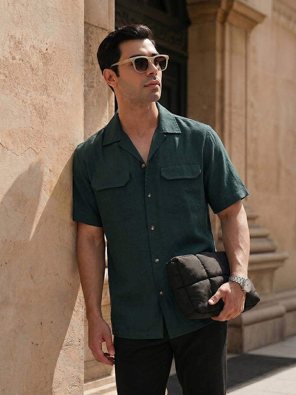 Thomas Scott Men Premium Olive Oversize Fit Short Sleeves Cuban Collar Textured Casual Shirt