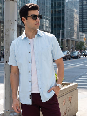 Sky Blue Regular Fit Short Sleeve Spread Collar Solid Oxford Cotton Casual Shirt For Men