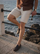 Beige Regular Fit Mid-Rise Solid Woven Cotton Linen Shorts For Men