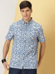 Teal Smart Comfort Fit Short Sleeves Button-Down Collar Floral Printed Cotton Casual Shirt For Men