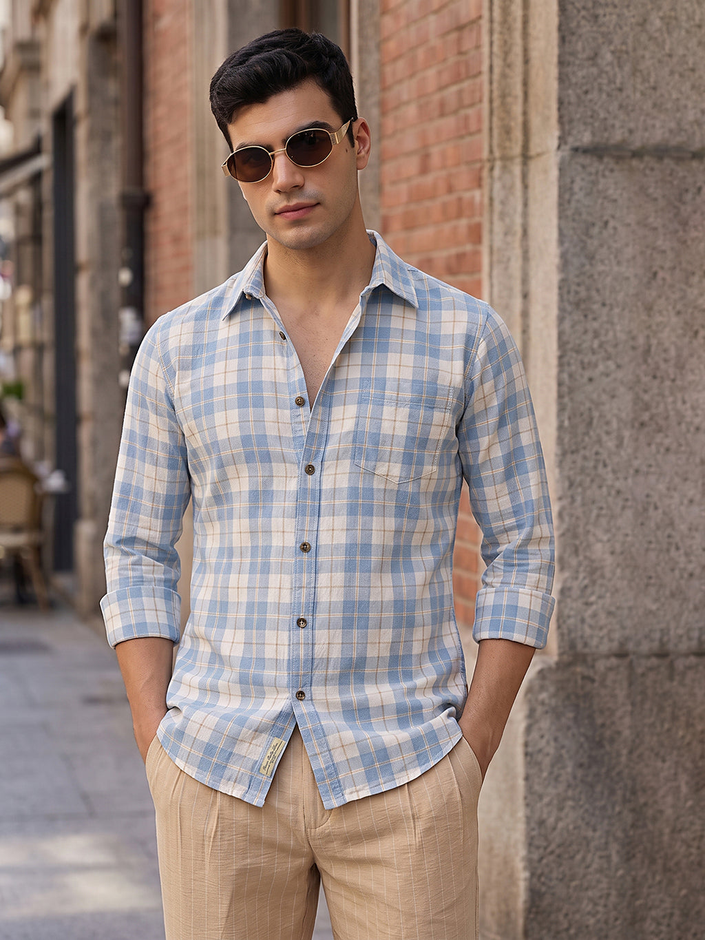 Light Blue Premium Slim Fit Graphic Checked Cotton Linen Casual Shirt For Men