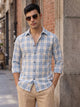 Light Blue Premium Slim Fit Graphic Checked Cotton Linen Casual Shirt For Men
