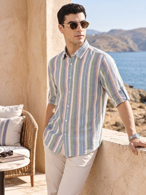 NaturalB Regular Fit Roll-Up Sleeve Spread Collar Vertical Striped Cotton Linen Casual Shirt For Men
