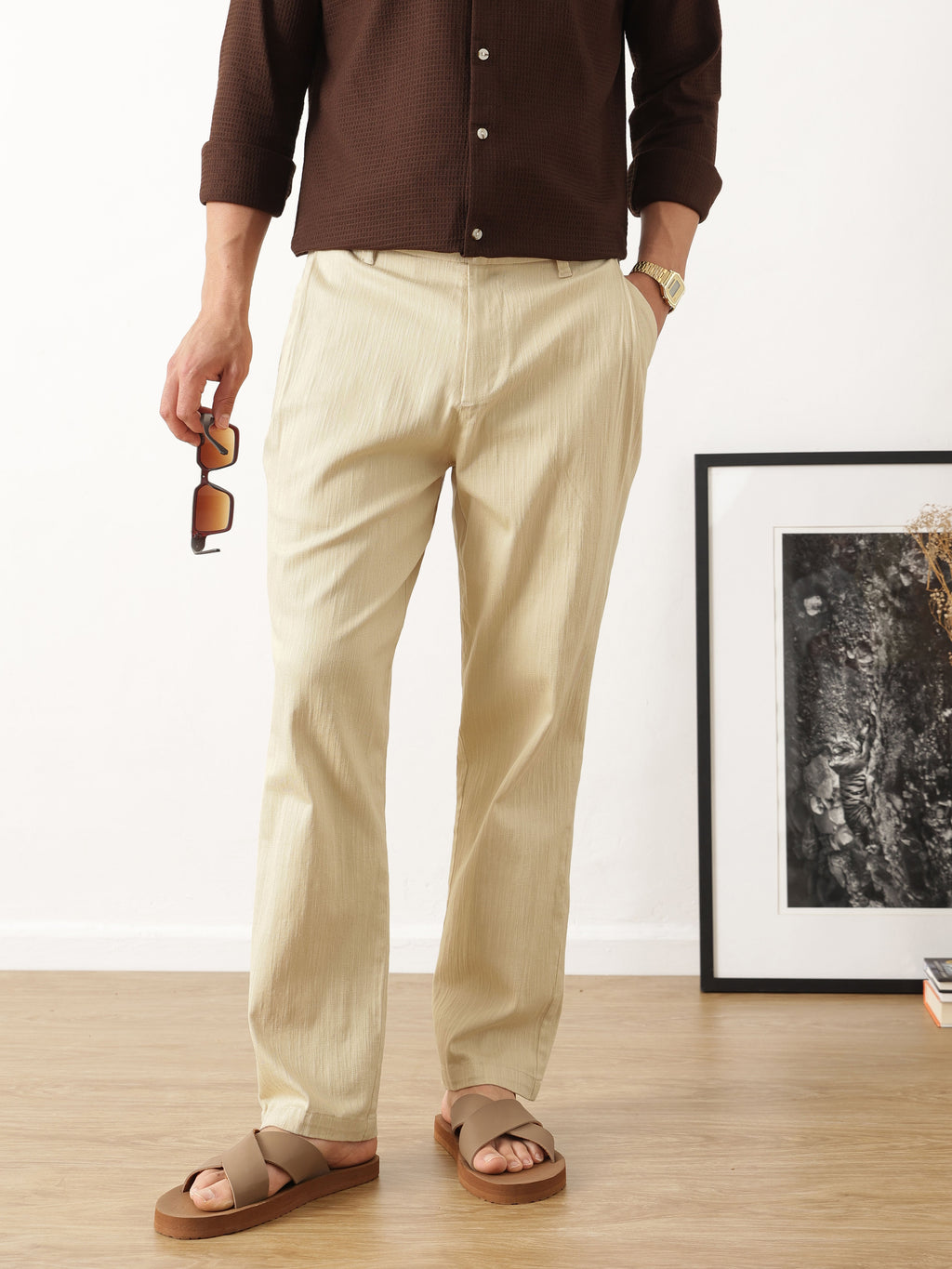 Thomas Scott Men Beige Smart Solid Regular Fit Woven Linen Pleated Trousers