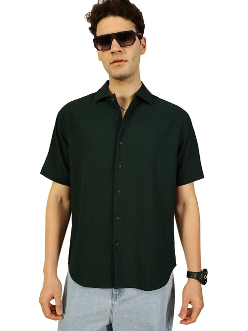Thomas Scott Men Bottle Green Premium Short Sleeves Regular Fit Spread Collar Textured Seersucker Shirt