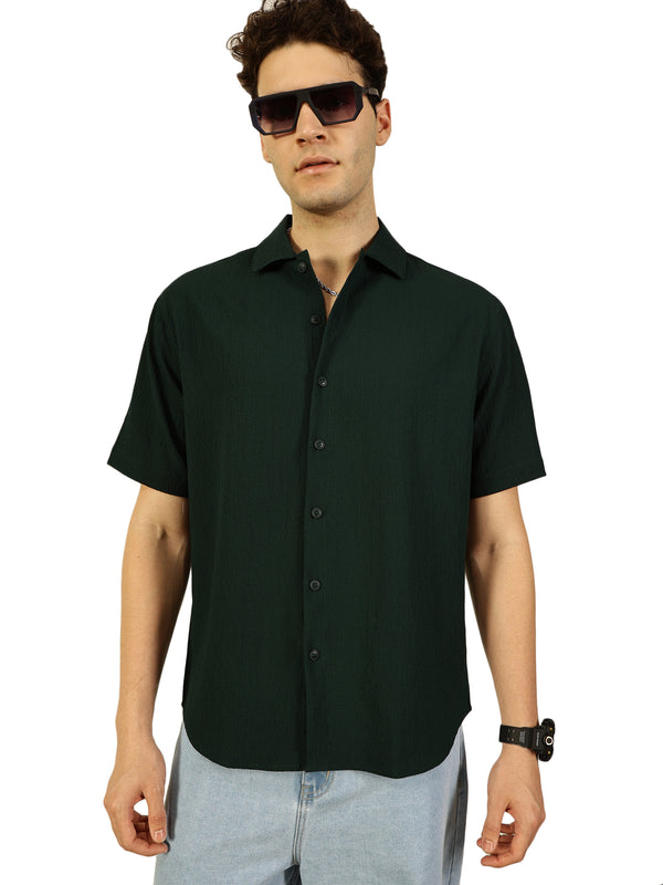 Thomas Scott Men Bottle Green Premium Short Sleeves Regular Fit Spread Collar Textured Seersucker Shirt