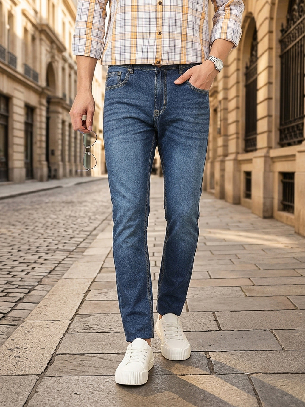 Blue Smart Slim Fit Mid-Rise Light Fade Non-Stretch Jeans For Men
