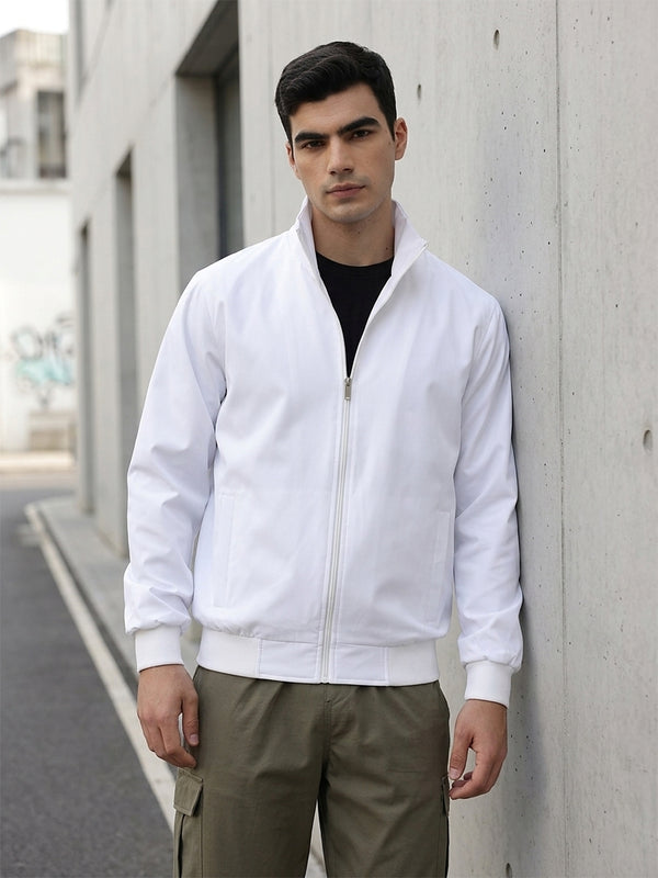 White Regular Fit Solid Full Sleeves Stand Collar Zip-Front Casual Bomber Jacket For Men