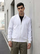 White Regular Fit Solid Full Sleeves Stand Collar Zip-Front Casual Bomber Jacket For Men