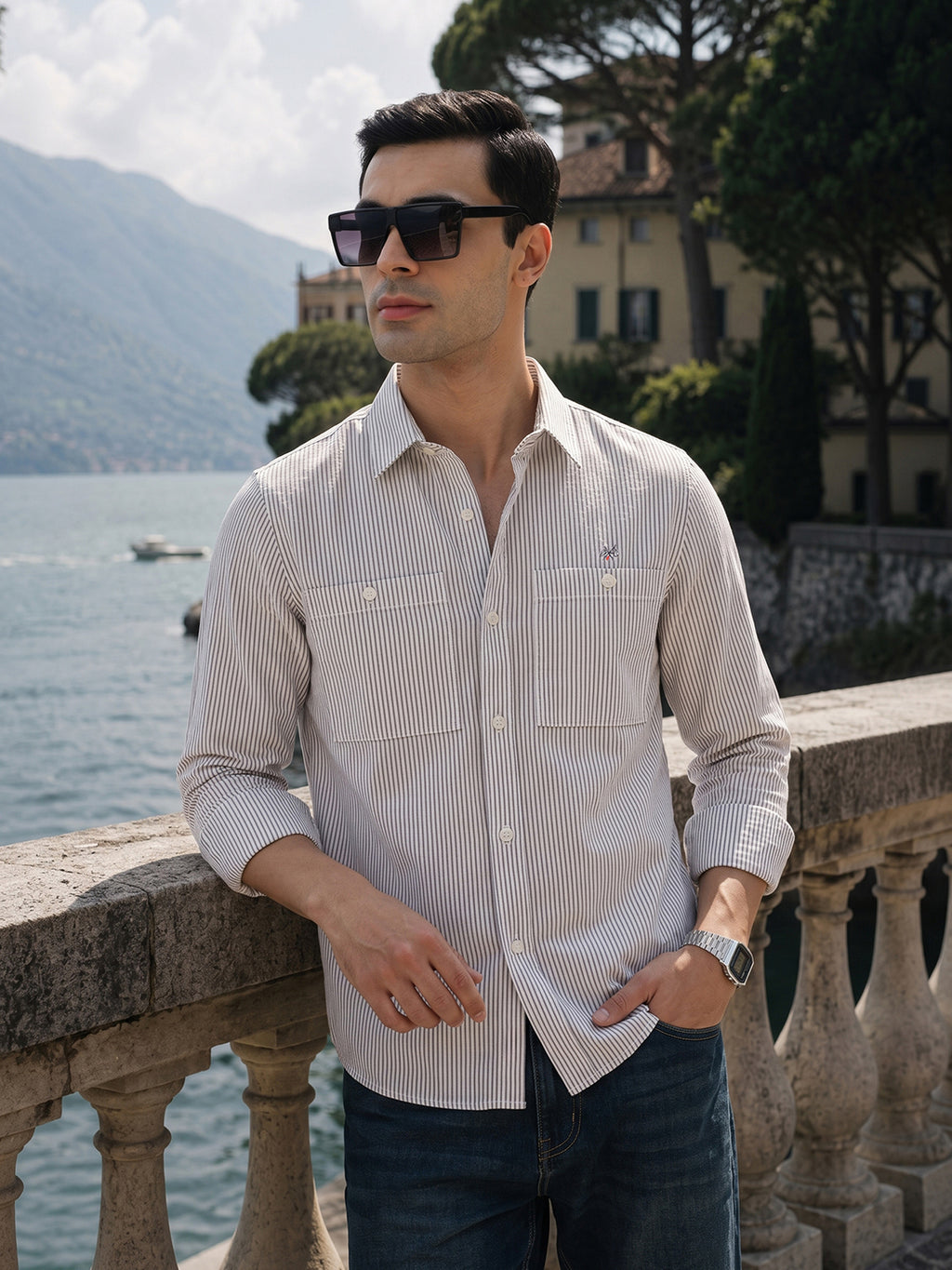 Thomas Scott Men Premium Maroon Regular Fit Long Sleeves Spread Collar Pinstripes Cotton Linen Casual Shirt