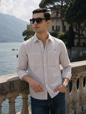 Thomas Scott Men Premium Maroon Regular Fit Long Sleeves Spread Collar Pinstripes Cotton Linen Casual Shirt