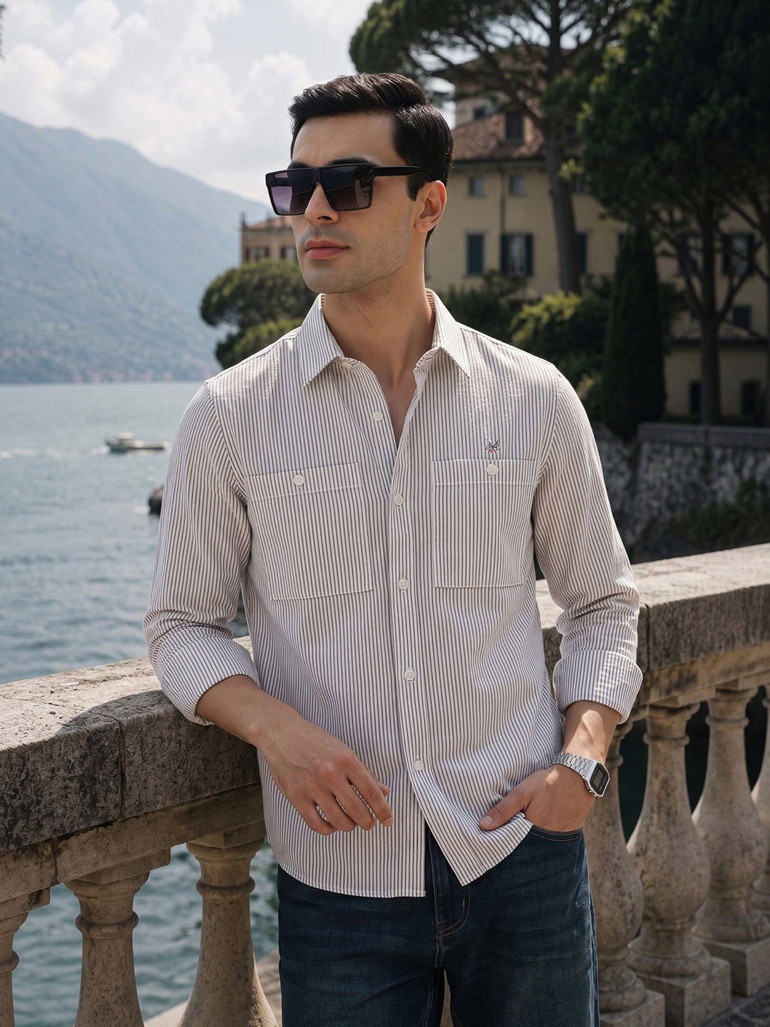 Thomas Scott Men Premium Maroon Regular Fit Long Sleeves Spread Collar Pinstripes Cotton Linen Casual Shirt