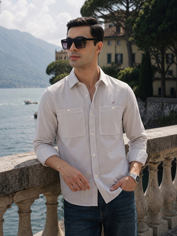 Thomas Scott Men Premium Maroon Regular Fit Long Sleeves Spread Collar Pinstripes Cotton Linen Casual Shirt
