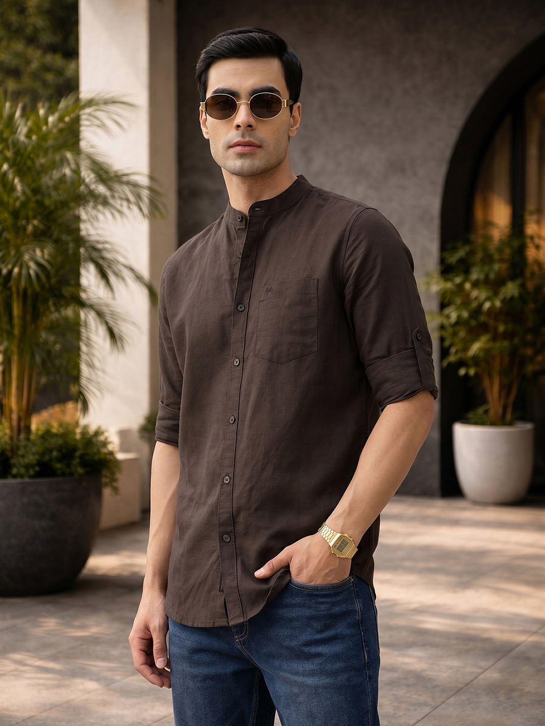 Thomas Scott Men Premium Brown Slim Fit Long Sleeves Mandarin Collar Solid Cotton Linen Casual Shirt