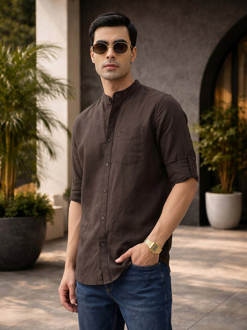 Thomas Scott Men Premium Brown Slim Fit Long Sleeves Mandarin Collar Solid Cotton Linen Casual Shirt