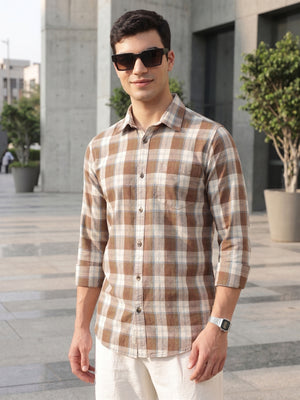 Brown Premium Slim Fit Graphic Checked Cotton Linen Casual Shirt For Men