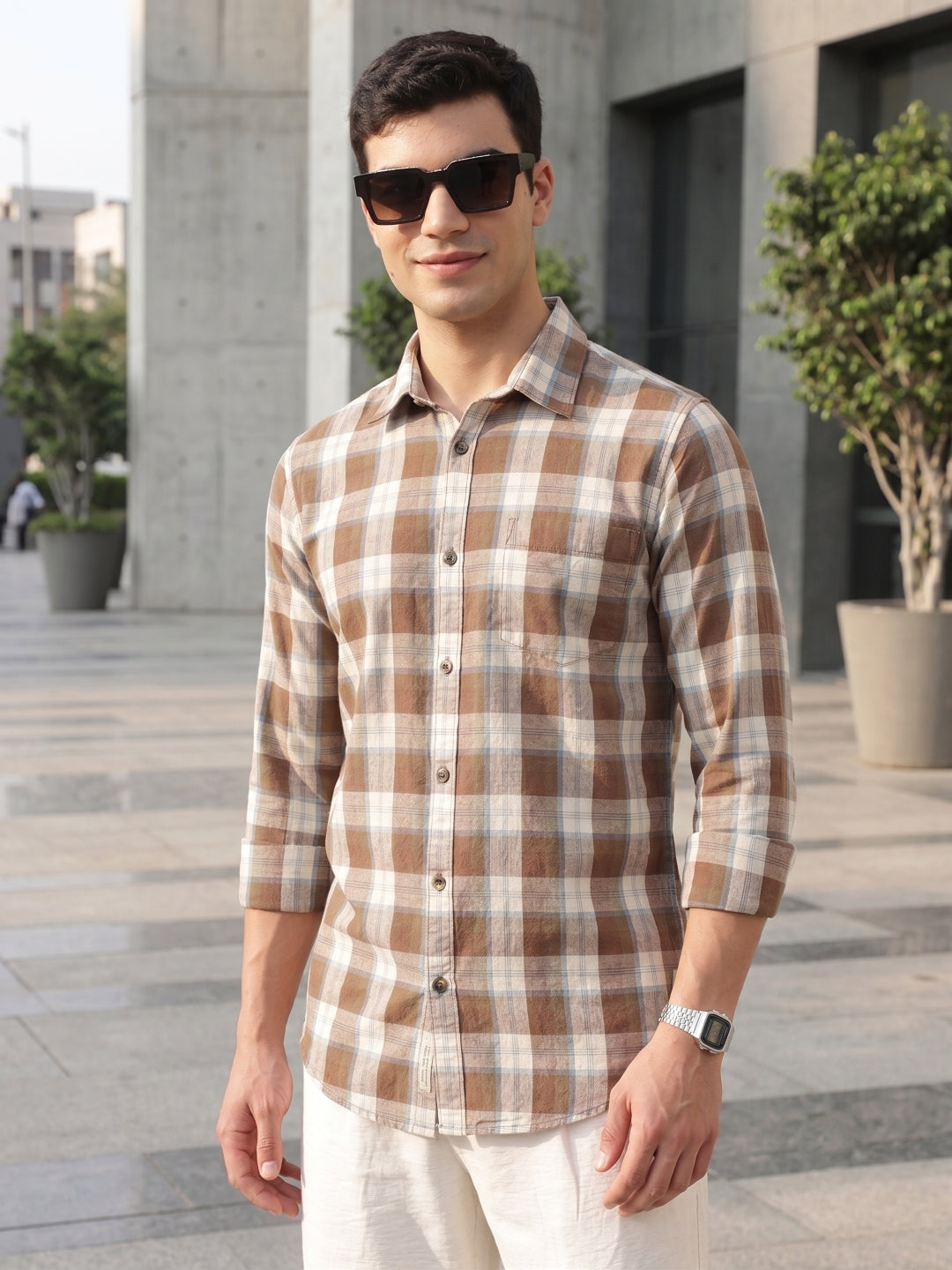 Brown Premium Slim Fit Graphic Checked Cotton Linen Casual Shirt For Men