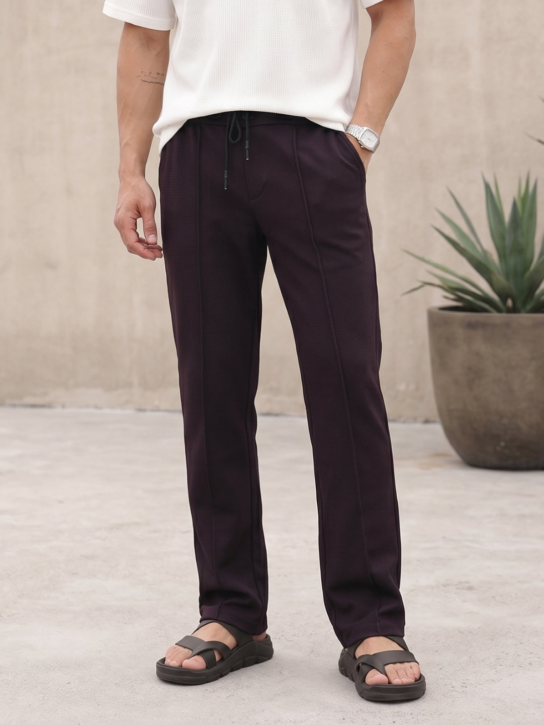 Thomas Scott Men Wine Smart Regular Fit Mid-Rise Textured Pleated Knitted Casual Trousers with Drawstring Closure