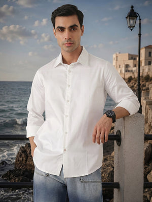 Thomas Scott Men Premium White Optical Regular Fit Long Sleeves Spread Collar Windowpane Checks Cotton Lycra Casual Shirt