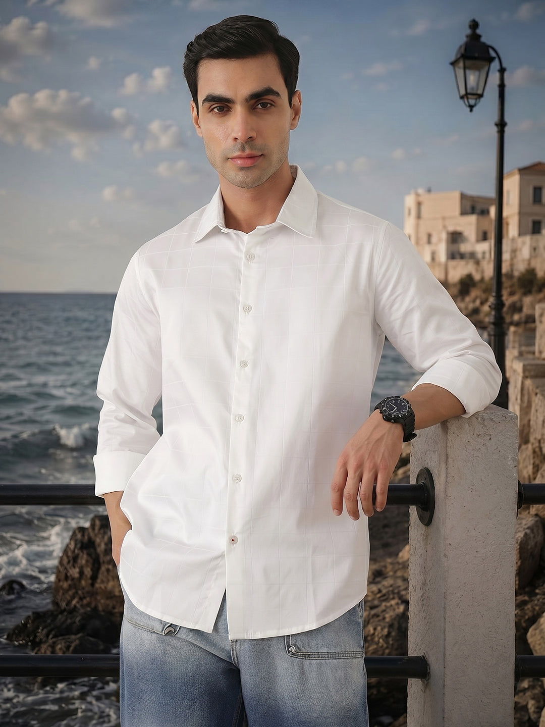 Thomas Scott Men Premium White Optical Regular Fit Long Sleeves Spread Collar Windowpane Checks Cotton Lycra Casual Shirt