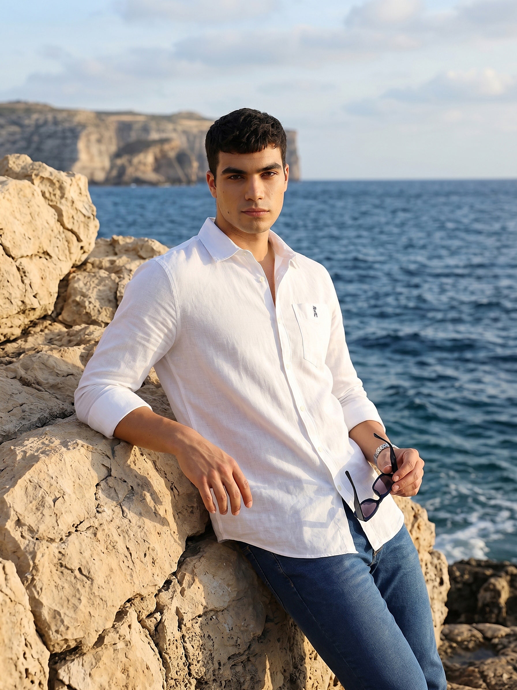 Thomas Scott Men Premium White Slim Fit Solid Spread Collar Cotton Linen Casual Shirt with Long Sleeves