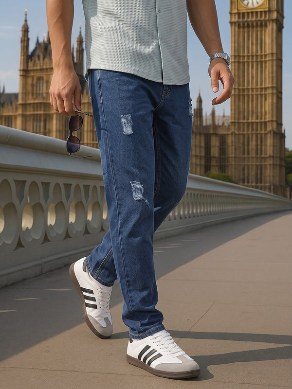 Light Blue Smart Carrot Fit Mid-Rise Mildly Distressed Non-Stretchable Jeans For Men