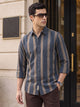 Navy Regular Fit Long Sleeves Spread Collar Wide Striped Cotton Linen Casual Shirt For Men