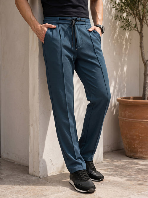 Thomas Scott Men Blue Smart Regular Fit Mid-Rise Textured Pleated Knitted Casual Trousers with Drawstring Closure