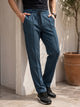 Blue Smart Regular Fit Mid-Rise Textured Pleated Knitted Casual Trouser For Me with Drawstring Closure
