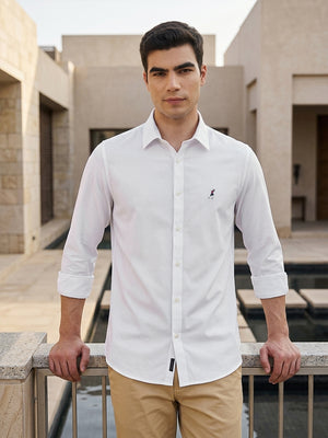 White Premium Regular Fit Long Sleeves Spread Collar Solid Knitted Casual Shirt For Men
