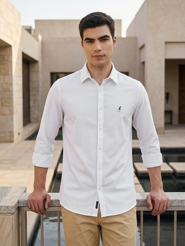 White Premium Regular Fit Long Sleeves Spread Collar Solid Knitted Casual Shirt For Men
