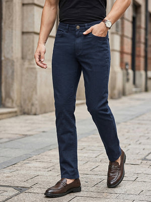 Navy Smart Straight Fit Mid-Rise Solid Woven Trouser For Men