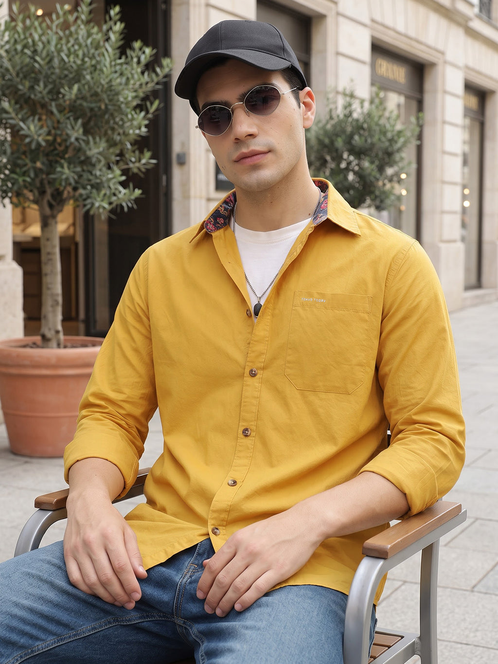 Yellow Premium Regular Fit Long Sleeves Spread Collar Solid Cotton Casual Shirt For Men
