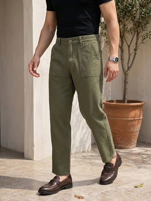 Olive Smart Straight Fit Mid-Rise Solid Flat-Front Woven Trouser For Men