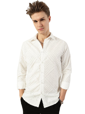 Thomas Scott Men White Premium Long Sleeves Slim Fit Spread Collar Textured Casual Shirt
