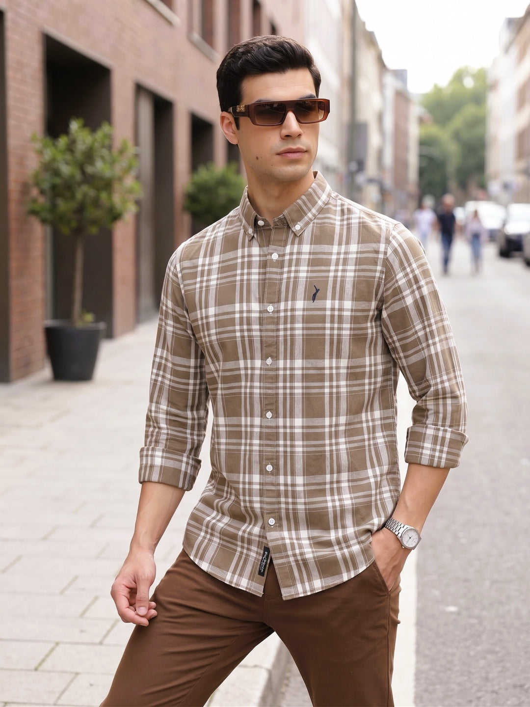 Brown Premium Regular Fit Tartan Checks Cotton Linen Shirt For Men