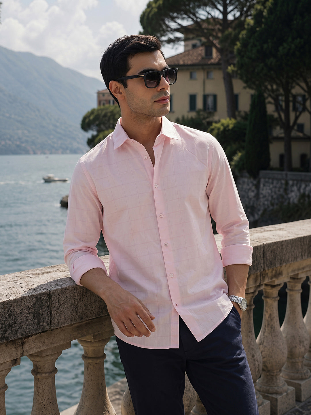 Thomas Scott Men Premium Pink Regular Fit Long Sleeves Spread Collar Windowpane Checks Cotton Lycra Casual Shirt