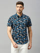 Navy Classic Short Sleeves Slim Fit Spread Collar Floral Printed Cotton Casual Shirt For Men