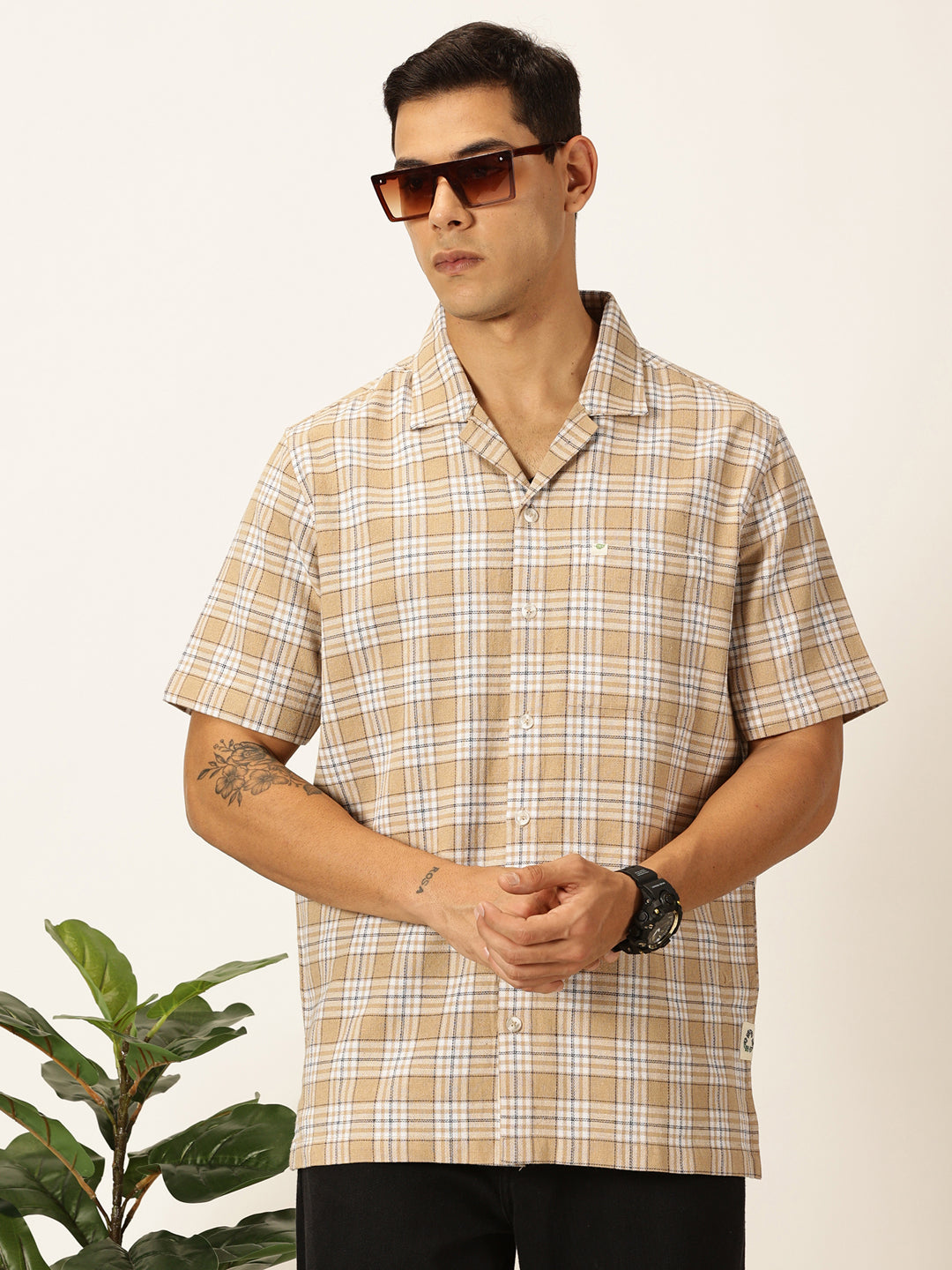 Thomas Scott Men Beige Premium Oversized Short Sleeves Tartan Checks Cuban Collar Casual Shirts