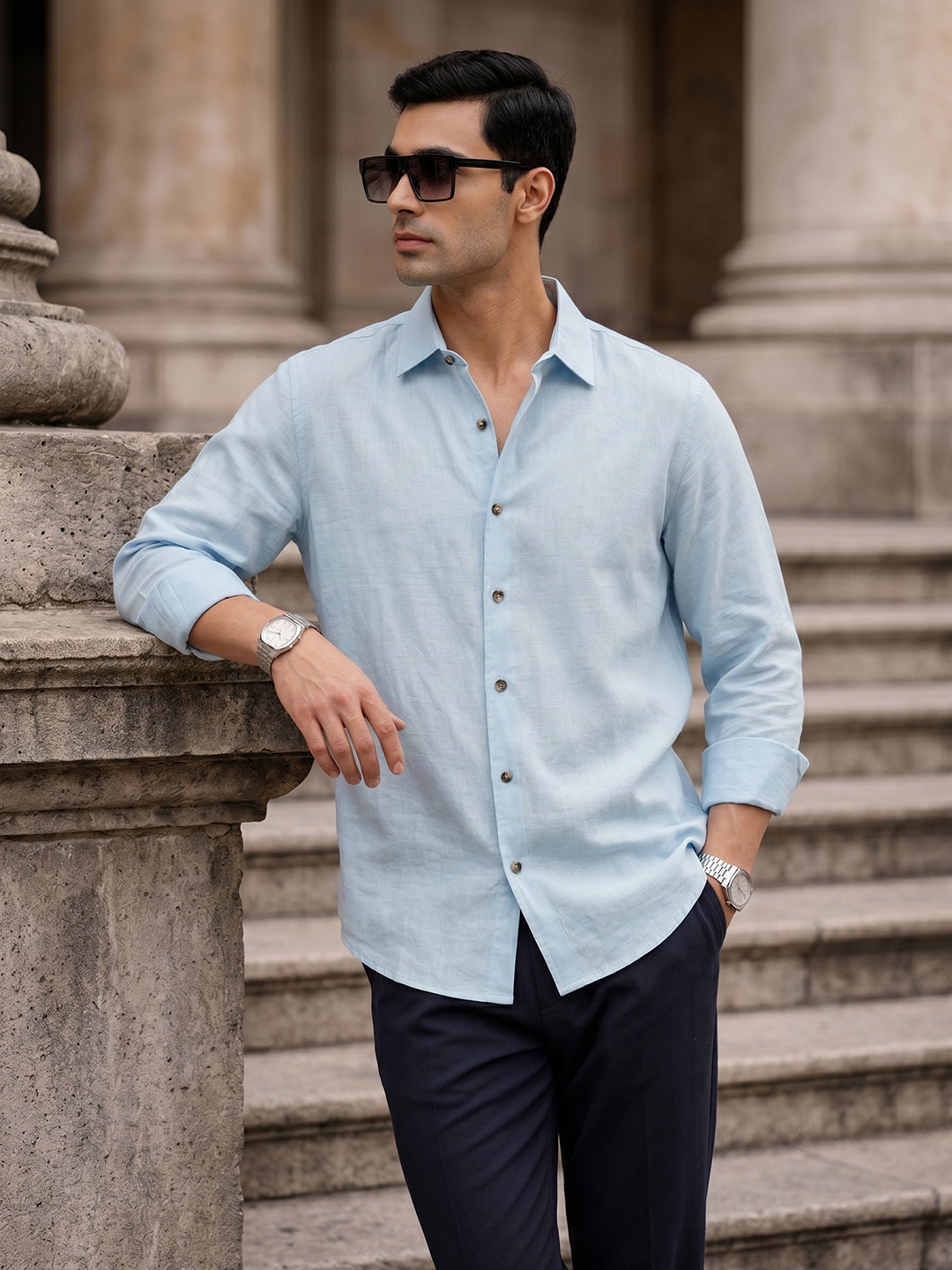 Thomas Scott Men Sky Blue Premium Slim Fit Long Sleeves Semi Cutaway Collar Casual Shirt