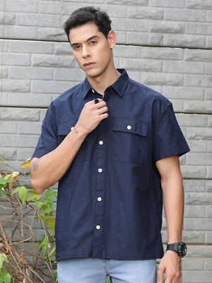 Thomas Scott Men Navy Smart Boxy Fit Short Sleeves Spread Collar Solid Cotton Oxford Shirt