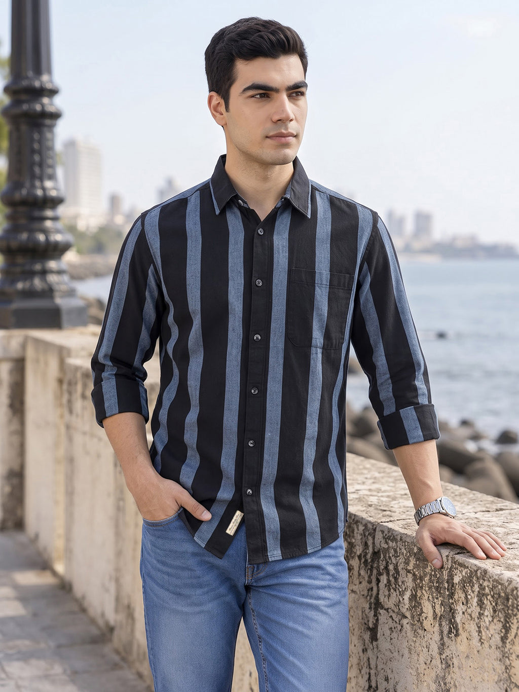 Black Regular Fit Long Sleeves Spread Collar Wide Striped Cotton Linen Casual Shirt For Men