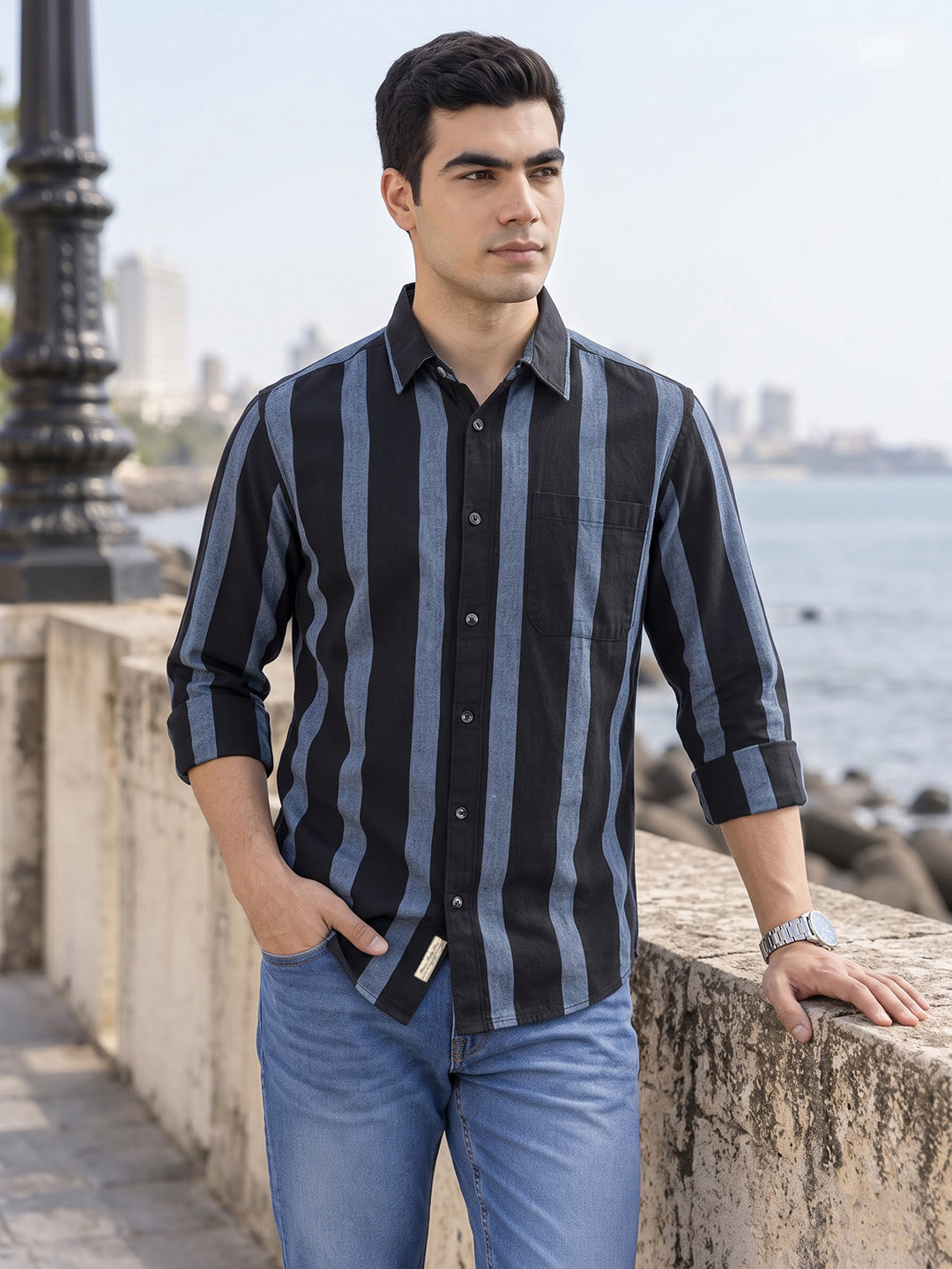 Black Regular Fit Long Sleeves Spread Collar Wide Striped Cotton Linen Casual Shirt For Men