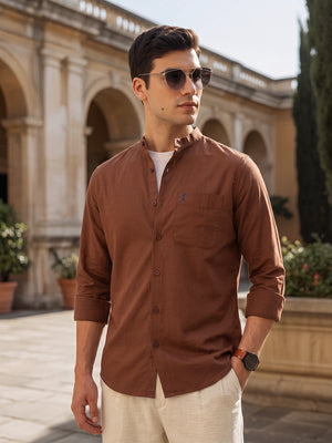 Rust Slim Fit Long Sleeves Mandarin Collar Solid Cotton Linen Casual Shirt For Men
