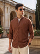 Rust Slim Fit Long Sleeves Mandarin Collar Solid Cotton Linen Casual Shirt For Men