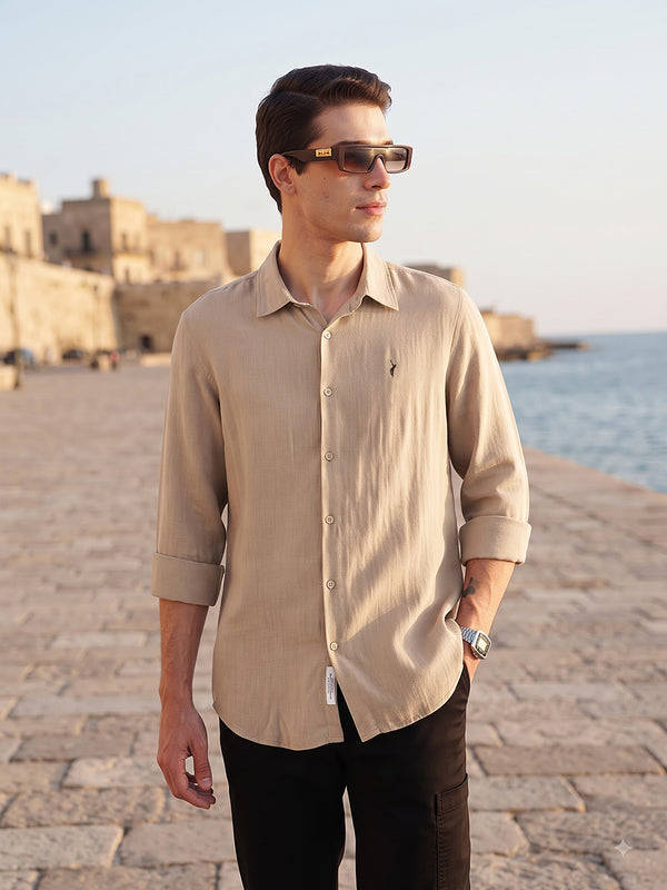 Beige Premium Regular Fit Long Sleeves Spread Collar Solid Cotton Casual Shirt For Men