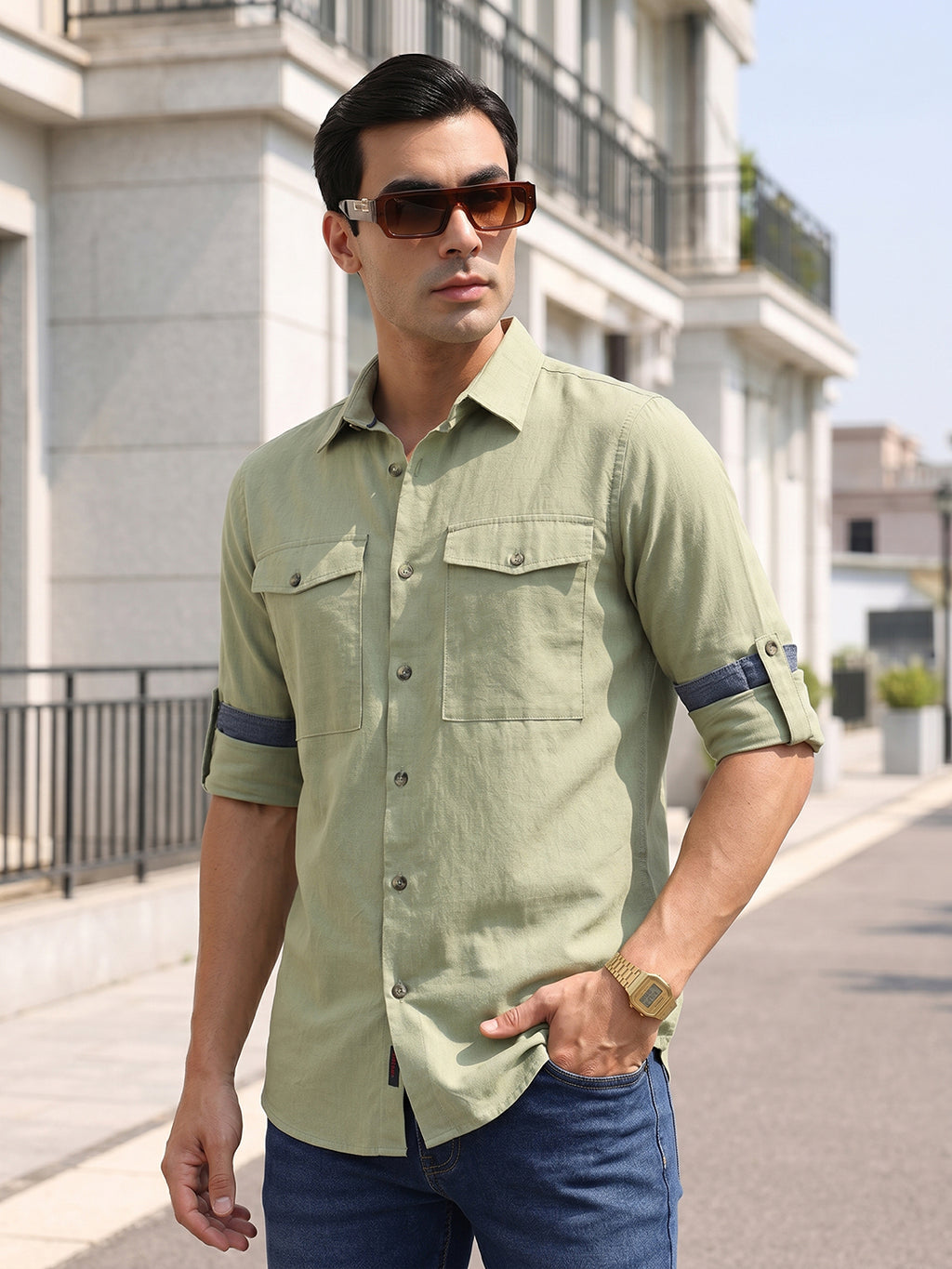 Thomas Scott Men Olive Premium Slim Fit Long Roll-Up Sleeves Spread Collar Solid Cotton Casual Shirt with Flap Pockets