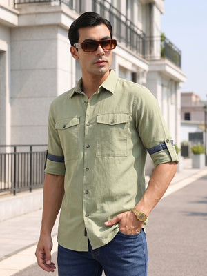 Thomas Scott Men Olive Premium Slim Fit Long Roll-Up Sleeves Spread Collar Solid Cotton Casual Shirt with Flap Pockets