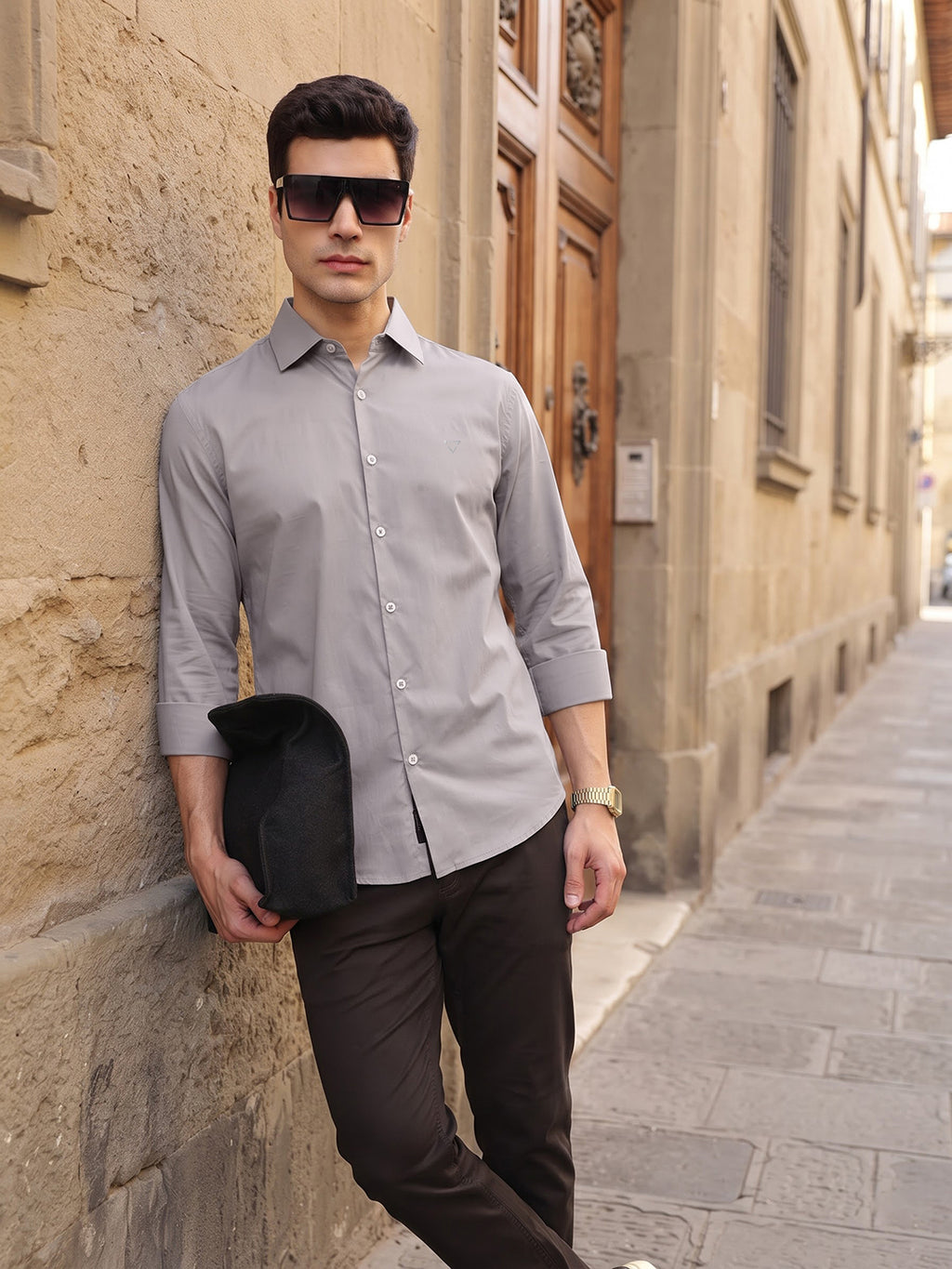 Grey Premium Slim Fit Solid Cotton Casual Shirt For Men